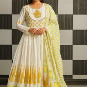 Beautifully printed mal mal cotton fabric printed full flair gown with detailed embroidered nack patch
