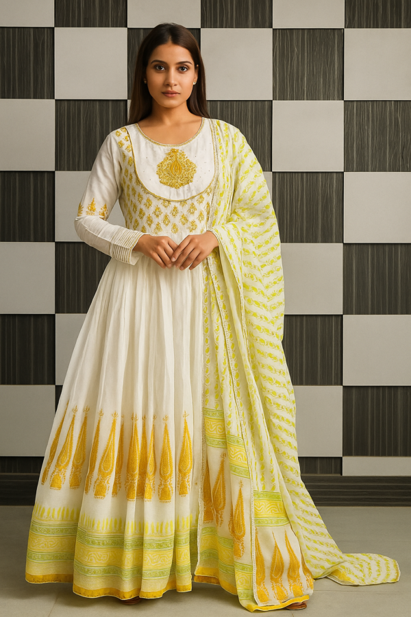 Beautifully printed mal mal cotton fabric printed full flair gown with detailed embroidered nack patch