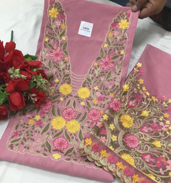 Beautifully embroidered pure muslin  suit with designer embroidered organza dupatta - Image 2