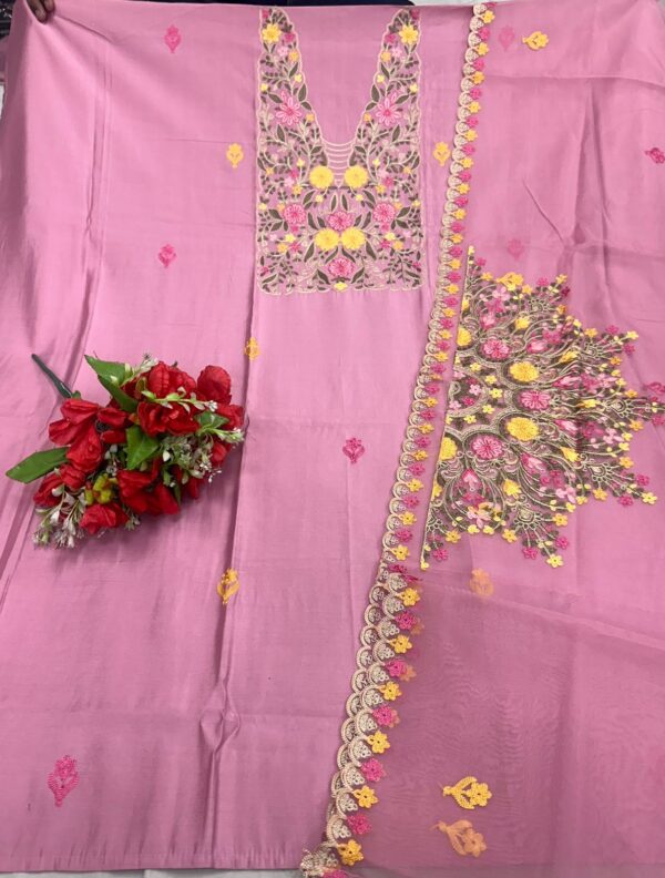 Beautifully embroidered pure muslin  suit with designer embroidered organza dupatta