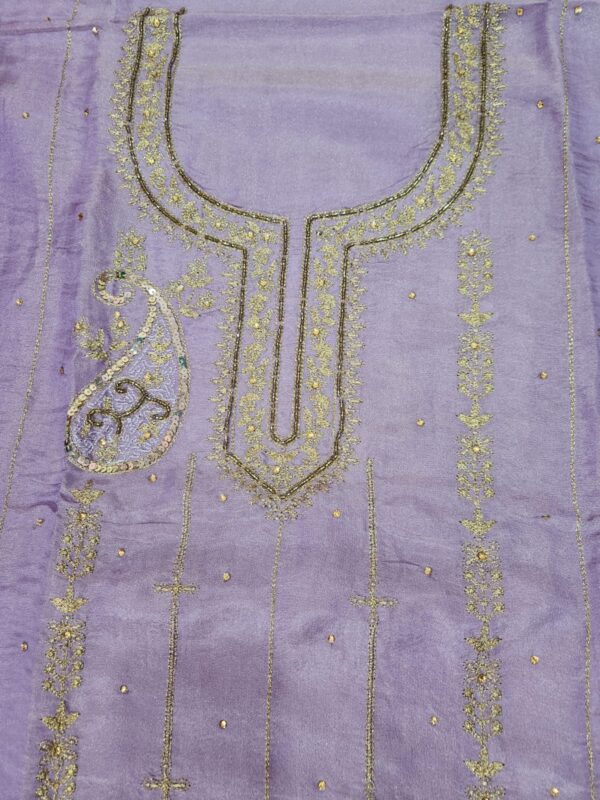 Beautifully full front embroided double shade Shimmer fabric suit with embroided sleeves - Image 4