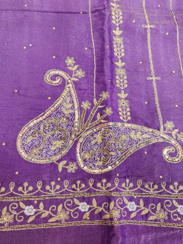 Beautifully full front embroided double shade Shimmer fabric suit with embroided sleeves - Image 2