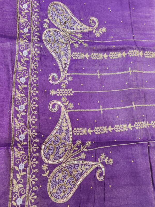 Beautifully full front embroided double shade Shimmer fabric suit with embroided sleeves - Image 3