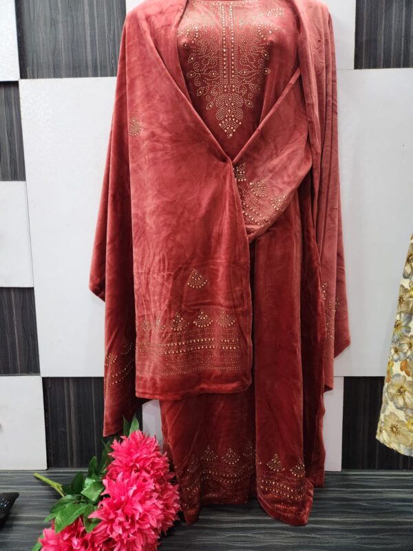 Rust Velvet Fully Stretchable Suit - Image 2
