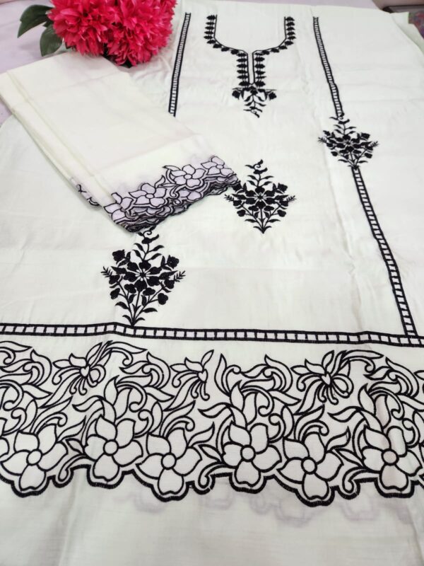 Full front embroidered cotton suit with embroidered sleeves +embroidered organza dupatta