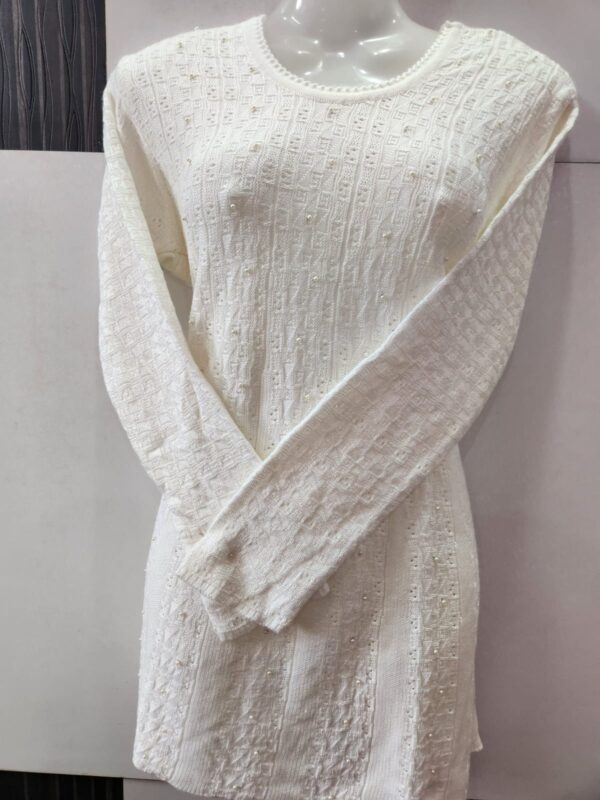 ALINE White woolen Long Top With pearl detaling - Image 4