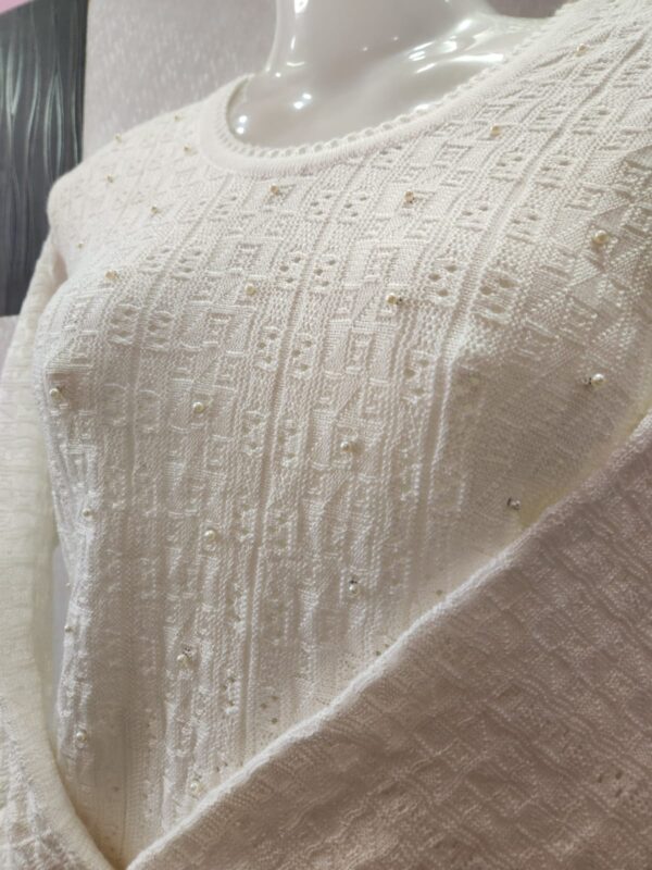 ALINE White woolen Long Top With pearl detaling - Image 3
