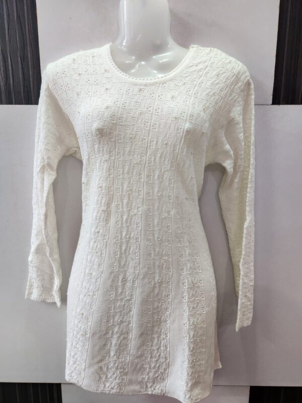 ALINE White woolen Long Top With pearl detaling