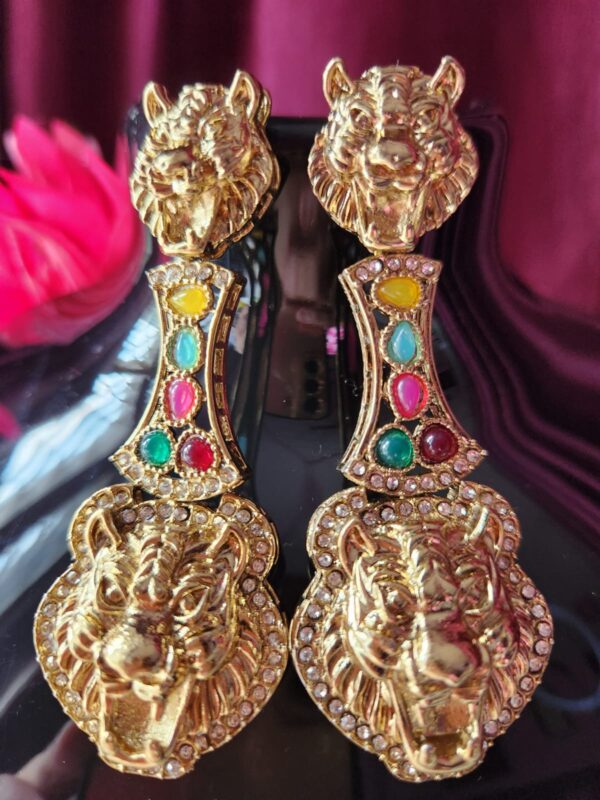 24 carot Gold-plated Royal  heavy earrings with semi diamond and coloured kundan - Image 3
