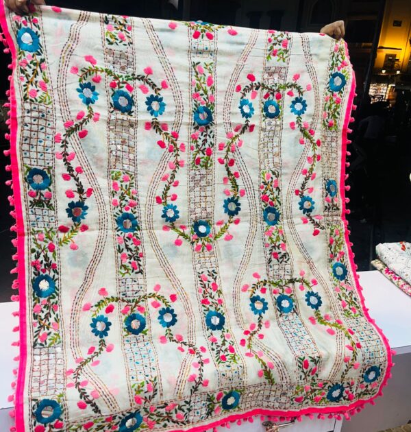 HANDMADE PHULKARI pom pom DUPATTA 🌀Fabric- Dupatta: Heavy Chanderi Silk base