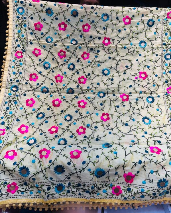 HANDMADE PHULKARI pom pom DUPATTA 🌀Fabric- Dupatta: Heavy Chanderi Silk base Size:  2.5meter 🌀Work- Phulkari Hand Embroiderry