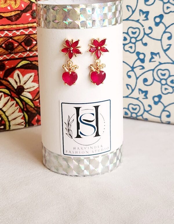 HFS Heart Themed Red Stone AD Diamond Gold Plated Earrings
