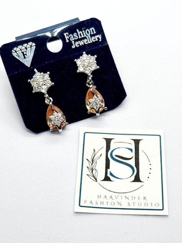 HFS Silver Metal Semi Diamond Golden Brown Stone Earring